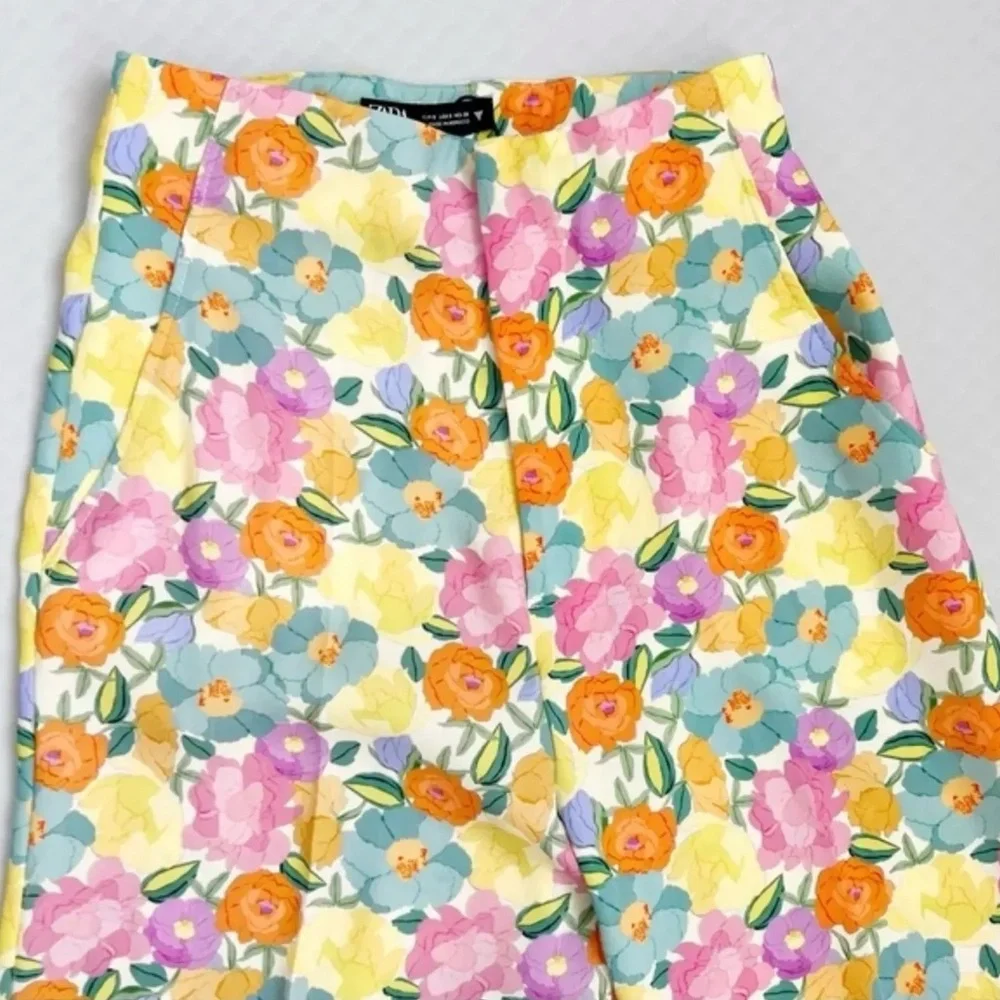 ZARA Floral Print Wide Leg High Waisted Flowy Pants Yellow Blue Green Size XL